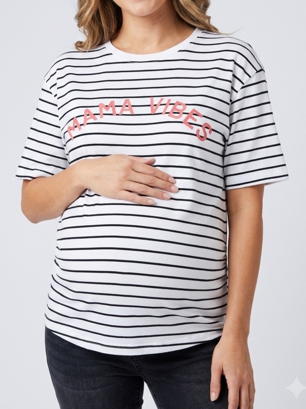 Maternity White Black Striped "Mama Vibes" Tee